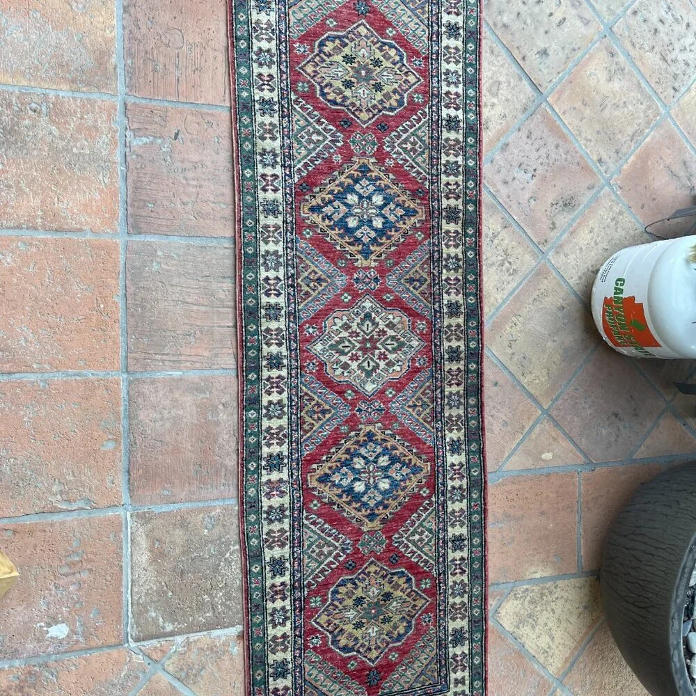 Vintage Pakistan Hand-Knotted Red Tribal Geometric Wool Runner Rug - 7'L x 2.5'
